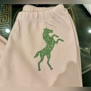 Y2K Pale Pink Sweatpants w Green Rhinestoned Horse- NWOT size small